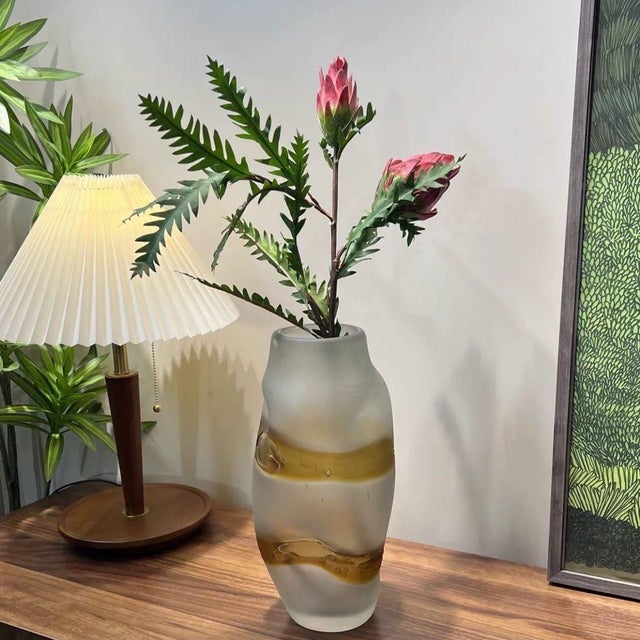 2020s Hand Blown Frosted Grey Art Glass Vase With Wrapped Amber Ribbon ...