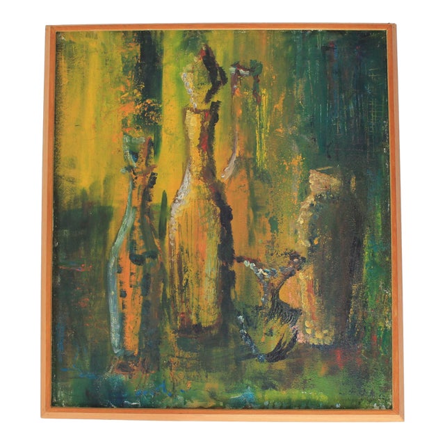 Vintage Moody Abstract Still Life Painting of Bottles For Sale
