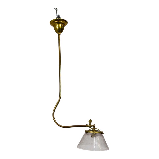 Late 19th Century Victorian J-Style Ceiling Light Fixture With Etched Glass Shade For Sale