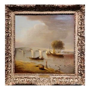 William Marlow -A Bridge Near London -18th Century Oil Painting