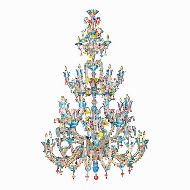 Murano glass chandelier, Rezzonico style, from the first half of the 20th century (1930s-40s), blown and handcrafted using...