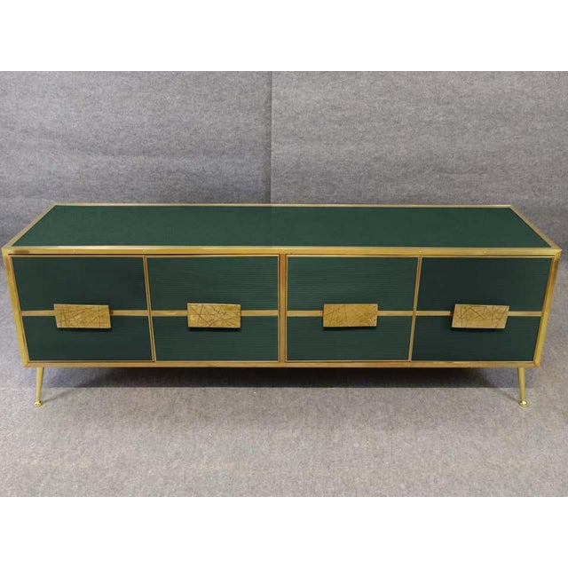 Italian Dark Green Buffet Sideboard With "Grisinato" Glass and Brass Designer Justfurnituress For Sale - Image 6 of 7