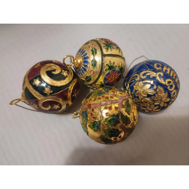 Vintage Champleve Cloisonne Christmas Ornaments Set of 4 For Sale - Image 4 of 12