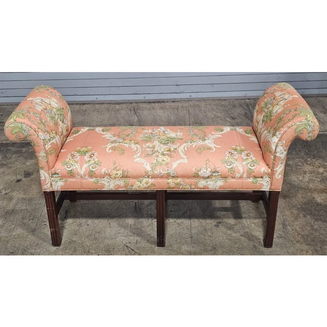 Chinoiserie Late 20th Century Hancock & Moore Mahognay Chippendale Style Window Bench Chinoiserie Fabric For Sale - Image 3 of 9