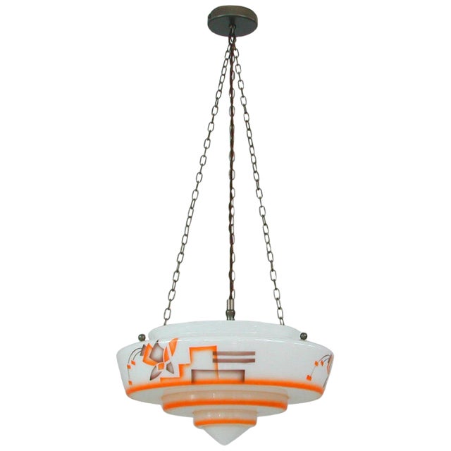 German Art Deco Pendant Lamp in Enameled Glass and Brass, 1930s For Sale