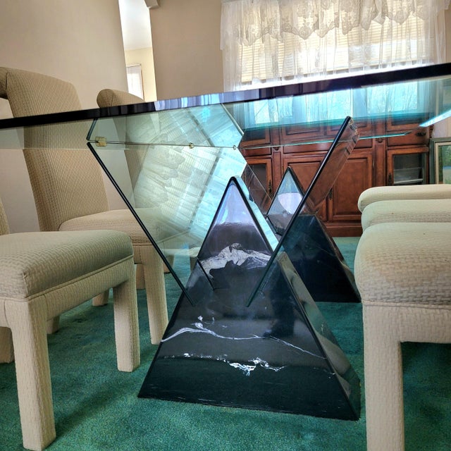Massimo Vignelli 1980s Postmodern Glass Top Double Triangle Base Dining Table For Sale - Image 4 of 10
