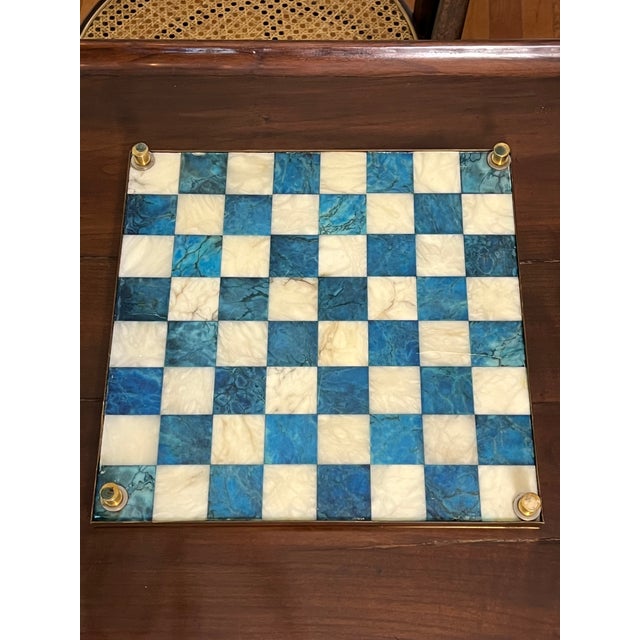 Chinese Stone Chess Set on Brass Framed and Footed Board in Blue and White, 1960s For Sale - Image 14 of 15