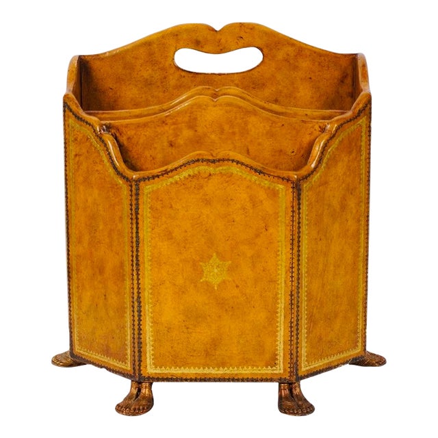 Maitland Smith, Leather Magazine Rack, Regency Style, Brass Paw Feet, Tooled Leather, English Traditional, Hollywood Regency, Luxury Decor, For Sale