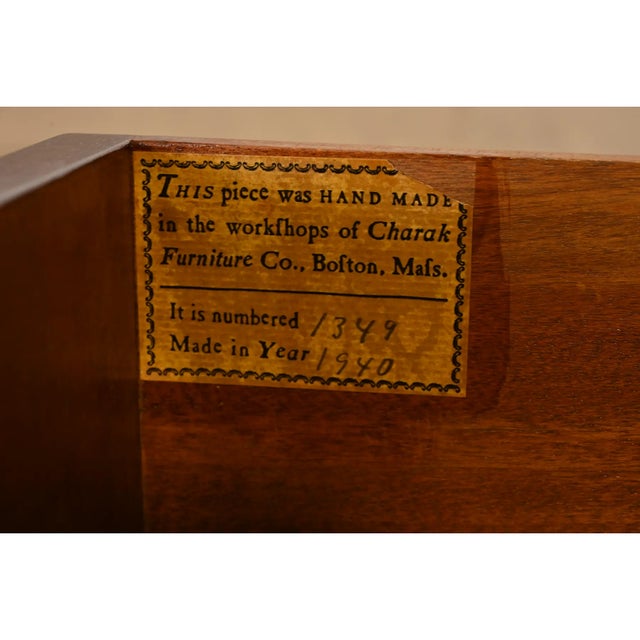 1940s Charak Furniture Georgian Carved Flame Mahogany Lighted Breakfront Bookcase Cabinet With Secretary Desk For Sale In Dallas - Image 6 of 8