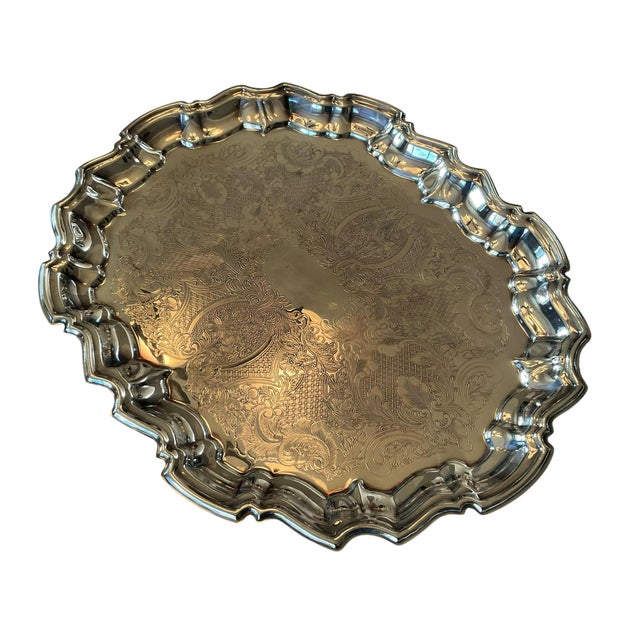 Metal Vintage Leonard Silver Plate Footed Serving Tray With Ornate Floral Engraving For Sale - Image 7 of 12