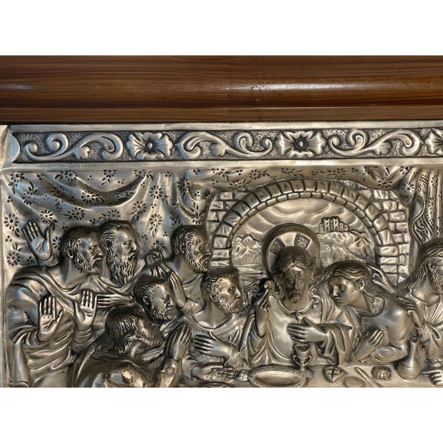Metal 1940s Spanish Last Supper Basrelief Silverplate Embossed Framed For Sale - Image 7 of 9