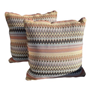 Pair of Earth Tone ZigZag Ikat Decor Pillows For Sale