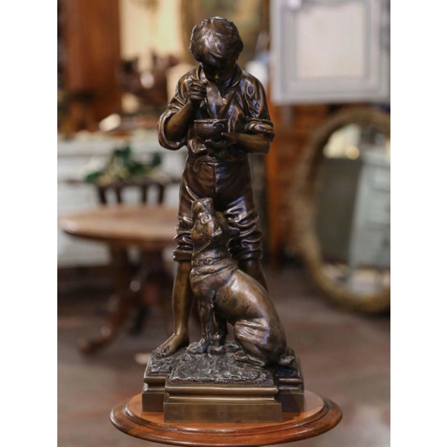Early 20th C. Belgian Patinated Spelter Sculpture of Boy Feeding Dog by Rousseau For Sale In Dallas - Image 6 of 12