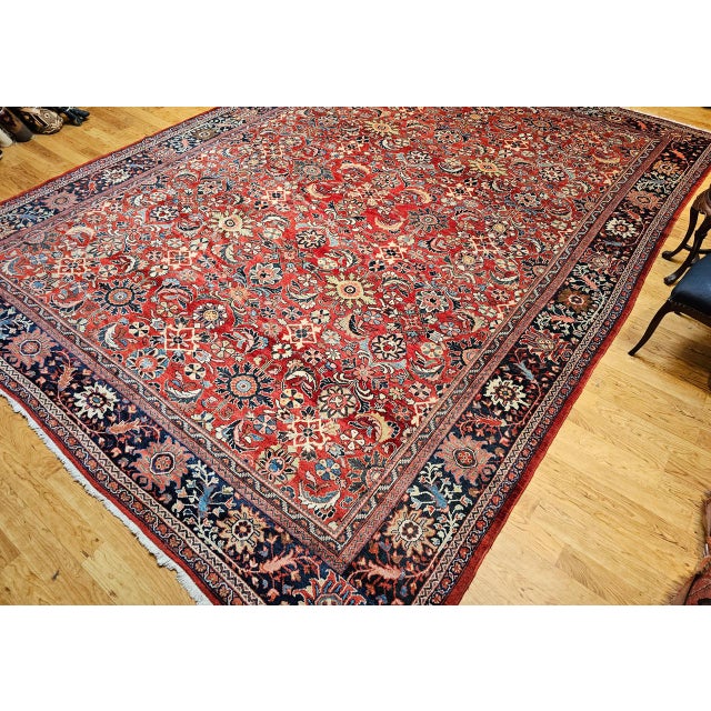 Textile Vintage Oversized Persian Mahal Sultanabad Rug, Hand-Knotted Wool, Geometric Pattern, 12x15, Red & Navy For Sale - Image 7 of 18
