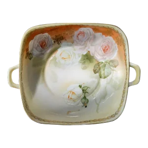 Beautiful Antique Fine Porcelain Floral Square Dish With Double Handles