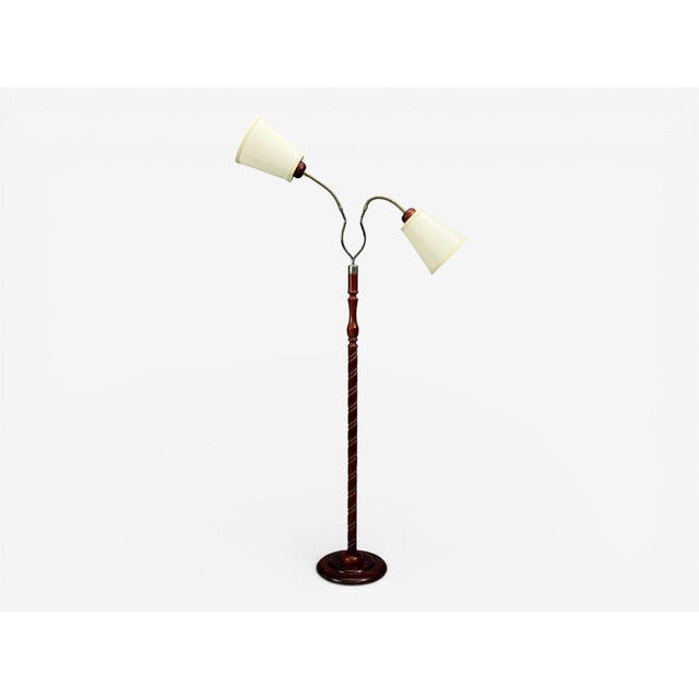 Markslöjd, Swedish Mid-Century Modern, Floor Lamp, Wood, Metal, Fabric, Sweden, 1970s A turned wood and metal floor lamp...