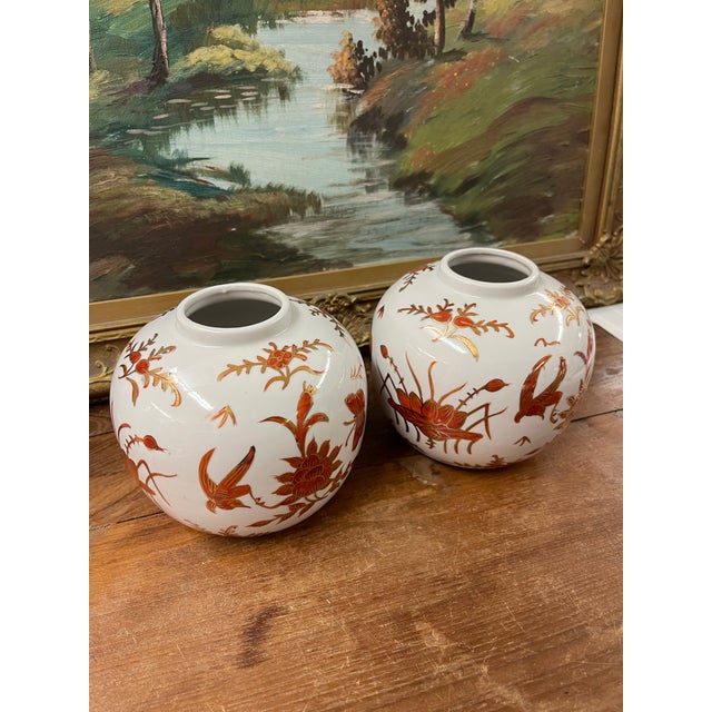 Japanese Pair of Vintage Japanese Porcelain Vases With Gilt Bird and Floral Decoration, Decorated in Hong Kong For Sale - Image 3 of 11
