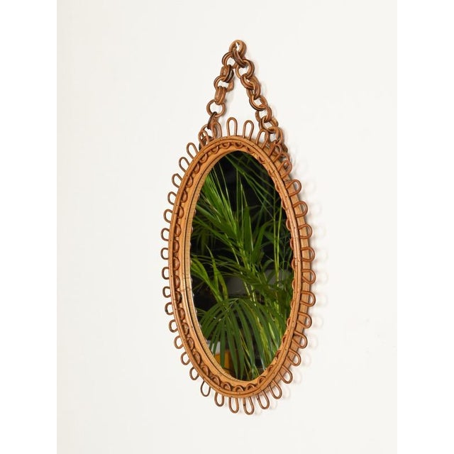 Wood Oval Mirror with Chain in Curved Rattan and Bamboo by Franco Albini, Italy, 1960s For Sale - Image 7 of 12