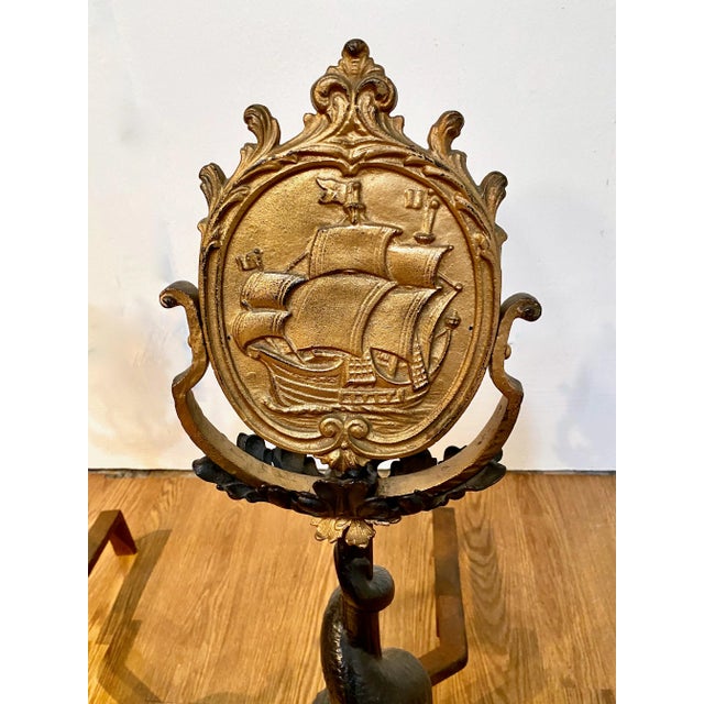 Metal Pair American Cast Iron Dolphin Andirons For Sale - Image 7 of 11