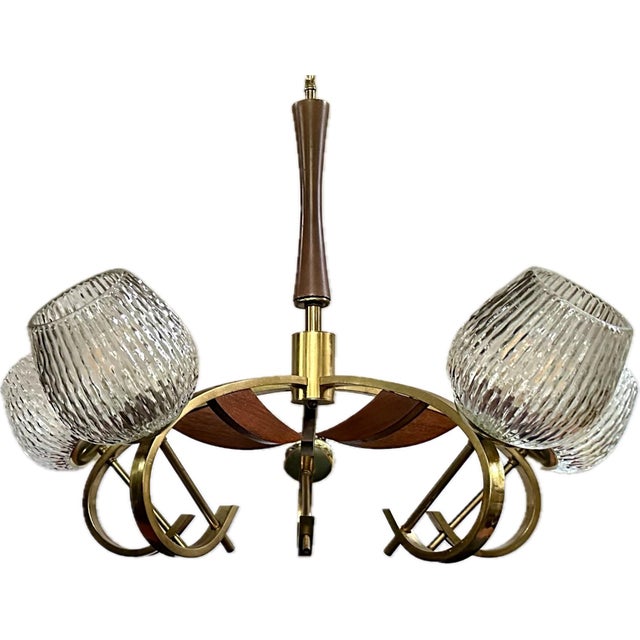 Brass 1960s Japanese Wood and Brass 5-Light Tulip Chandelier With Original Textured-Glass Shades For Sale - Image 8 of 12
