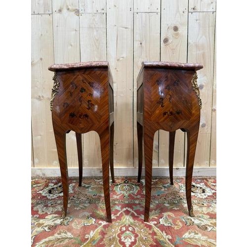 Louis XV Style Marquetry and Marble Bedside Tables, Set of 2 For Sale - Image 4 of 8