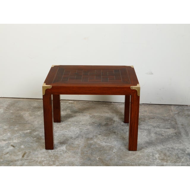 English Midcentury Campaign Style Side Table with Parquet Top and Brass Braces For Sale - Image 4 of 11