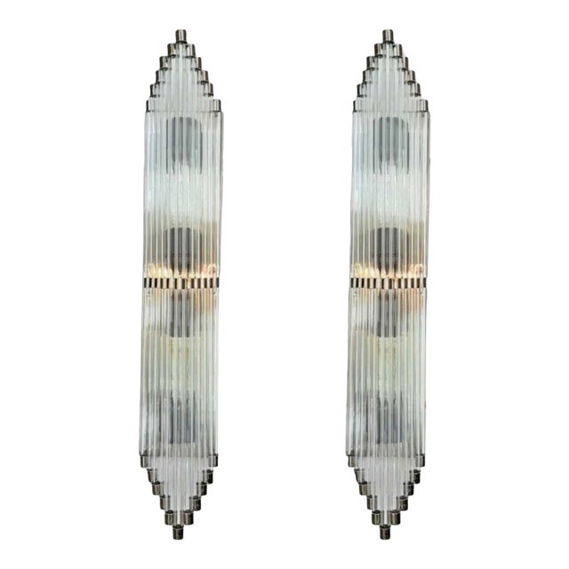 Pair Vintage 1940s Art Deco Skyscraper Wall Sconces in Nickel Brass & Glass Rod Ship 4 Light For Sale