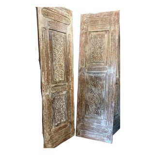 Antique Hand-Carved Indian Wood Door Panels – Vintage Architectural Wall Art & Statement Decor 96x27 For Sale