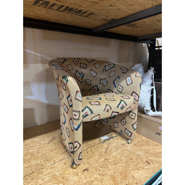 Mid-Century Modern 1970s Pair of Fun Design Covered Tan Chairs on Wheels- Missing 1 Wheel For Sale - Image 3 of 10