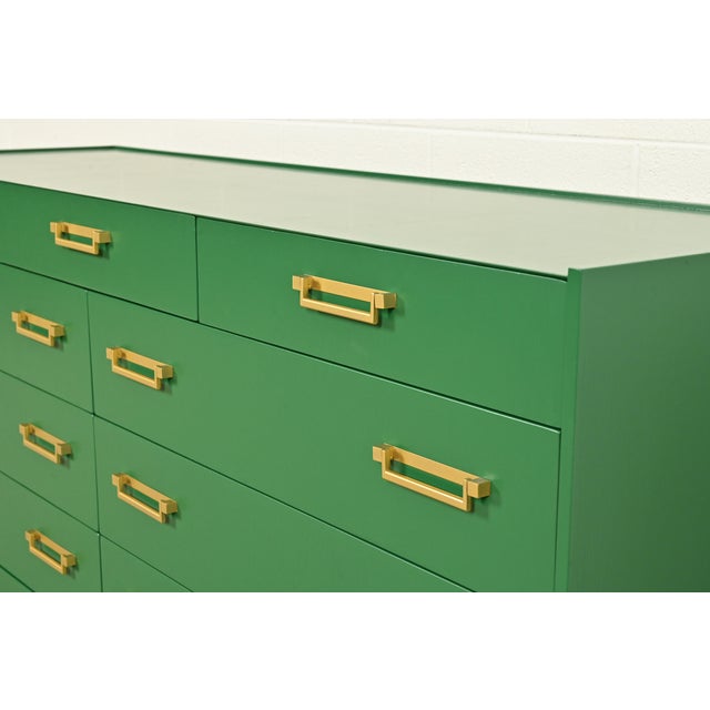 Michael Taylor for Baker Furniture Mid-Century Hollywood Regency Green Lacquered Campaign Dresser, Newly Refinished For Sale - Image 10 of 15