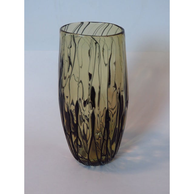 Modern Cys Excel Hand Blown Art Glass Striated Amber & Black Vase