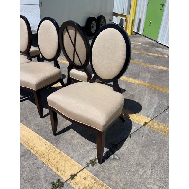 Early 21st Century Barbara Barry for Baker Oval X Back Linen Upholstery Dining Chairs, Set of 6 For Sale - Image 5 of 11