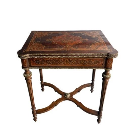 19th-Century French Louis XVI-Style Marquetry Game Table With Brass Ormolu Trim For Sale - Image 11 of 12