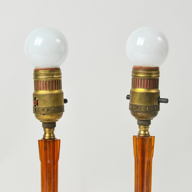 1930s Art Deco Amber Bakelite Boudoir Lamps - a Pair For Sale - Image 9 of 14