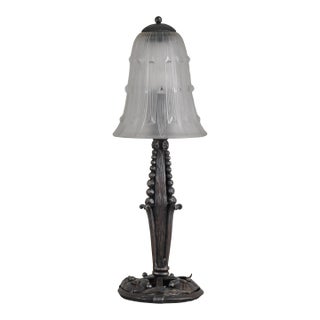 1930s French Art Deco Lamp by René Lalique - Wrought Iron France For Sale