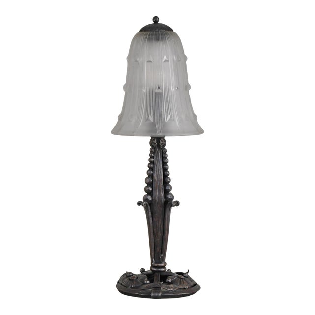 1930s French Art Deco Lamp by René Lalique - Wrought Iron France For Sale