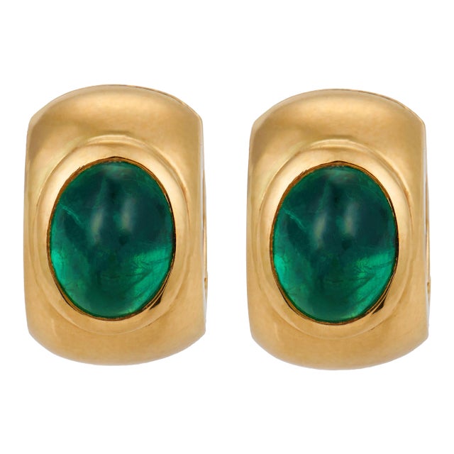 Vintage Gia 4.70 Carat Emerald 18k Yellow Gold Hoop Earrings, A Pair For Sale