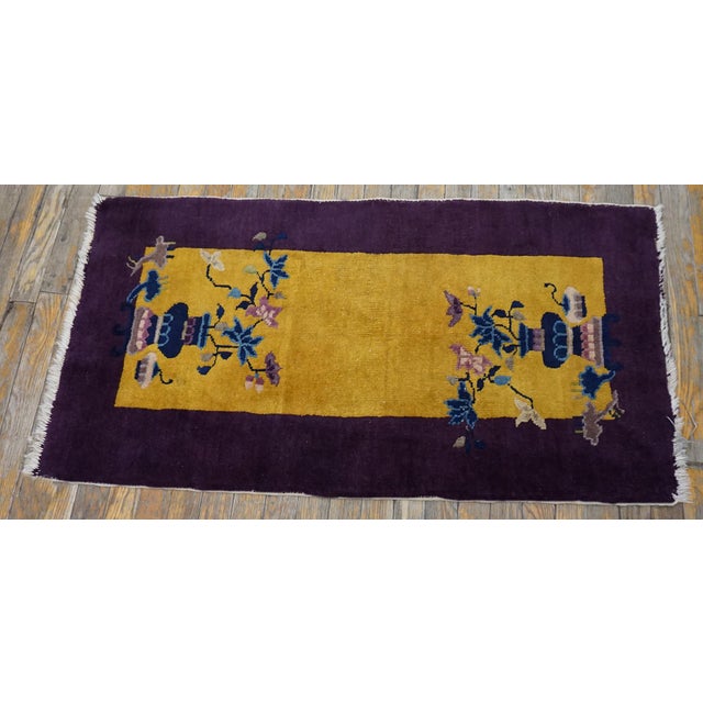 Art Deco Authentic Gold Background With Field Purple Frame Floral Design Antique Chinese Art Deco Rug For Sale - Image 3 of 12