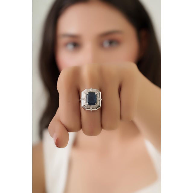 3.63ct Emerald-Cut Blue Sapphire Diamond Victorian Ring in 18k White Gold Size 5 For Sale - Image 13 of 17