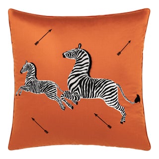 Scalamandre 22" x 22" Zebras Embroidered Pillow in Clementine For Sale