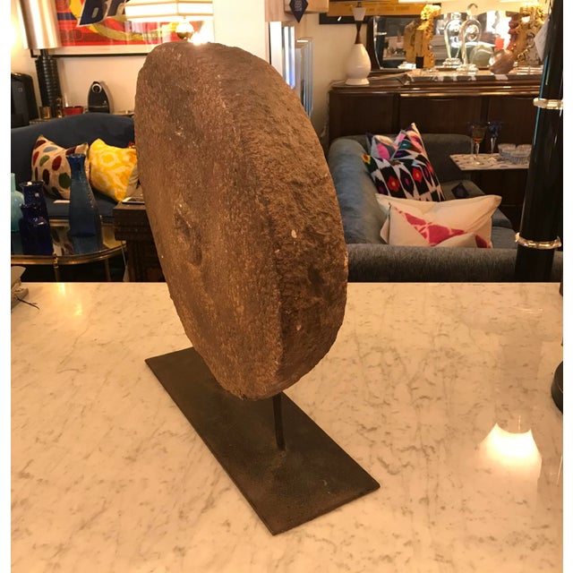 Rustic Antique Mill Stone Sculpture Mounted on a Metal Stand For Sale - Image 3 of 7