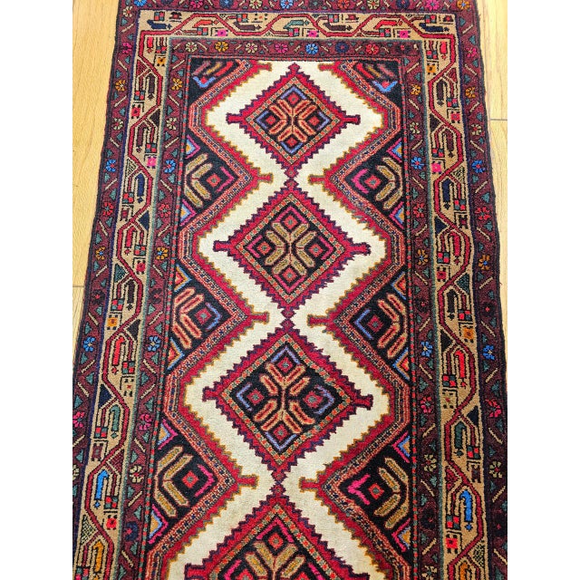 Vintage Persian Malayer Runner Rug, Hand-Knotted Wool, Geometric Pattern, 3x10, Ivory & Red For Sale - Image 12 of 15