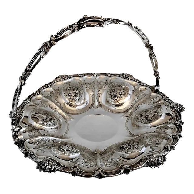 Victorian Chiseled and Engraved Sterling Silver Basket with Handle, 1870s For Sale