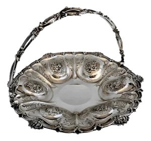 Victorian Chiseled and Engraved Sterling Silver Basket with Handle, 1870s