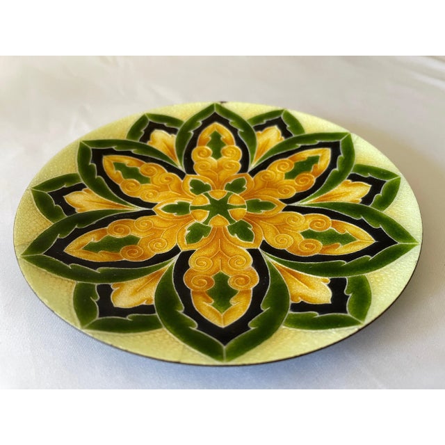 Mid 20th Century Mid 20th Century Italian Green & Gold Mandala Enameled Copper Round Vide Poche Tray For Sale - Image 5 of 7