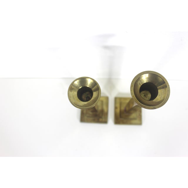 Mid-Century Modern Set of Two Vintage Brass Candle Holders, Candle Sticks, Pair of Candleholders, 2 Tall Candlesticks Square For Sale - Image 3 of 7