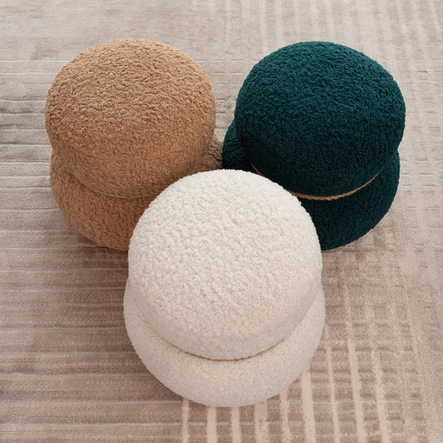 Not Yet Made - Made To Order Cozy Sherpa Round Nesting Stool– Blackish Green Broadcloth Pleat, New For Sale - Image 5 of 12