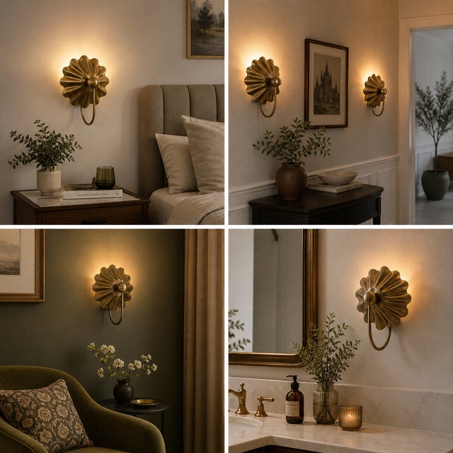 Vintage Brass Wall Sconce Light, Handmade Antique Brass Flower Wall Lamp, Mid Century Shell Sconce Bedroom Bedside Hallway Entryway Lighting For Sale - Image 4 of 13