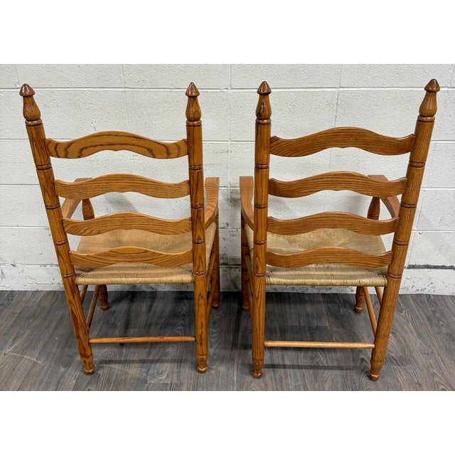 Vintage Country French Style Solid Oak Ladder Back Handwoven Rush Seat Armchairs For Sale - Image 9 of 10