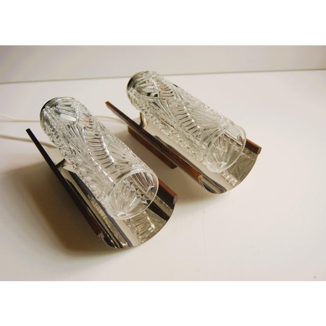 Chrome Pair of Vintage 1960s Swedish Wall Lamps - Elegant Design in Crystal Glass, Teak and Chrome For Sale - Image 8 of 12
